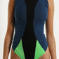 Blue and neon green bodysuit