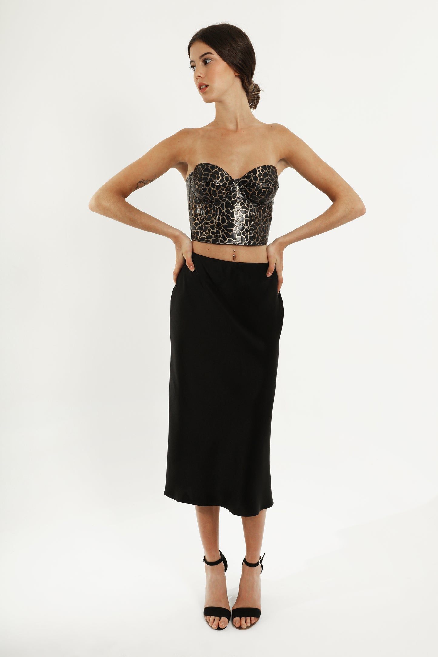 Black satin midi skirt