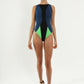 Blue and neon green bodysuit