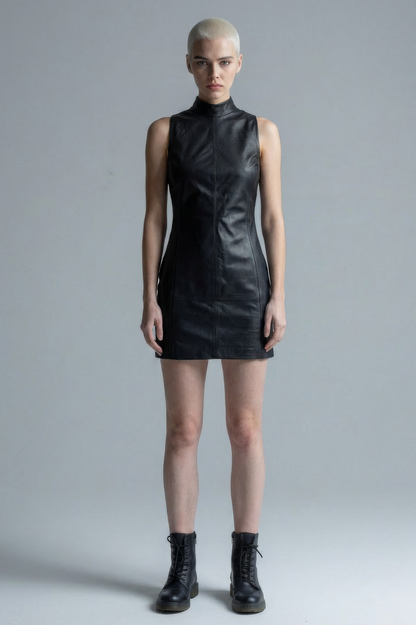 Black Leather Sleeveless Mini Dress