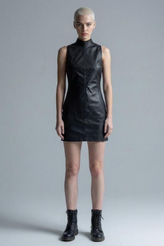 Black Leather Sleeveless Mini Dress